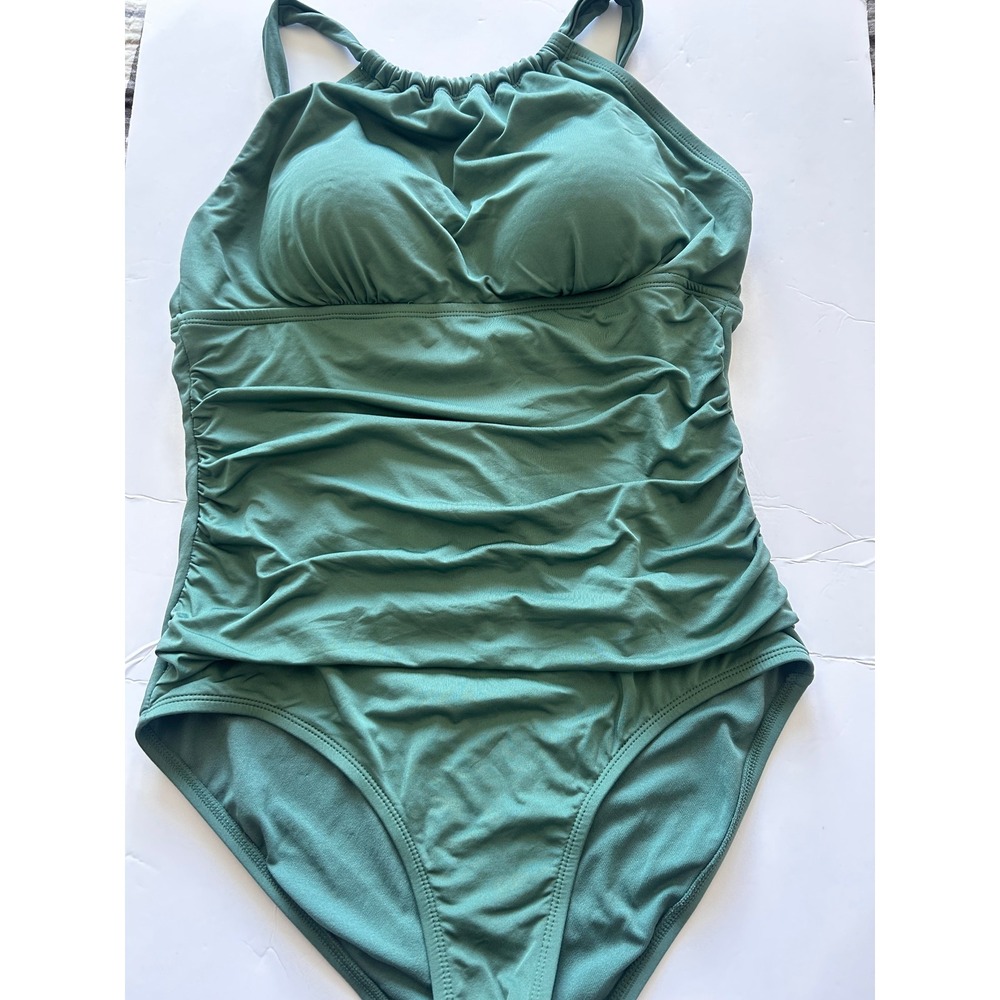 Jantzen Womens Sage Green High Neck Ruched Tummy Control One Piece Swimsuit